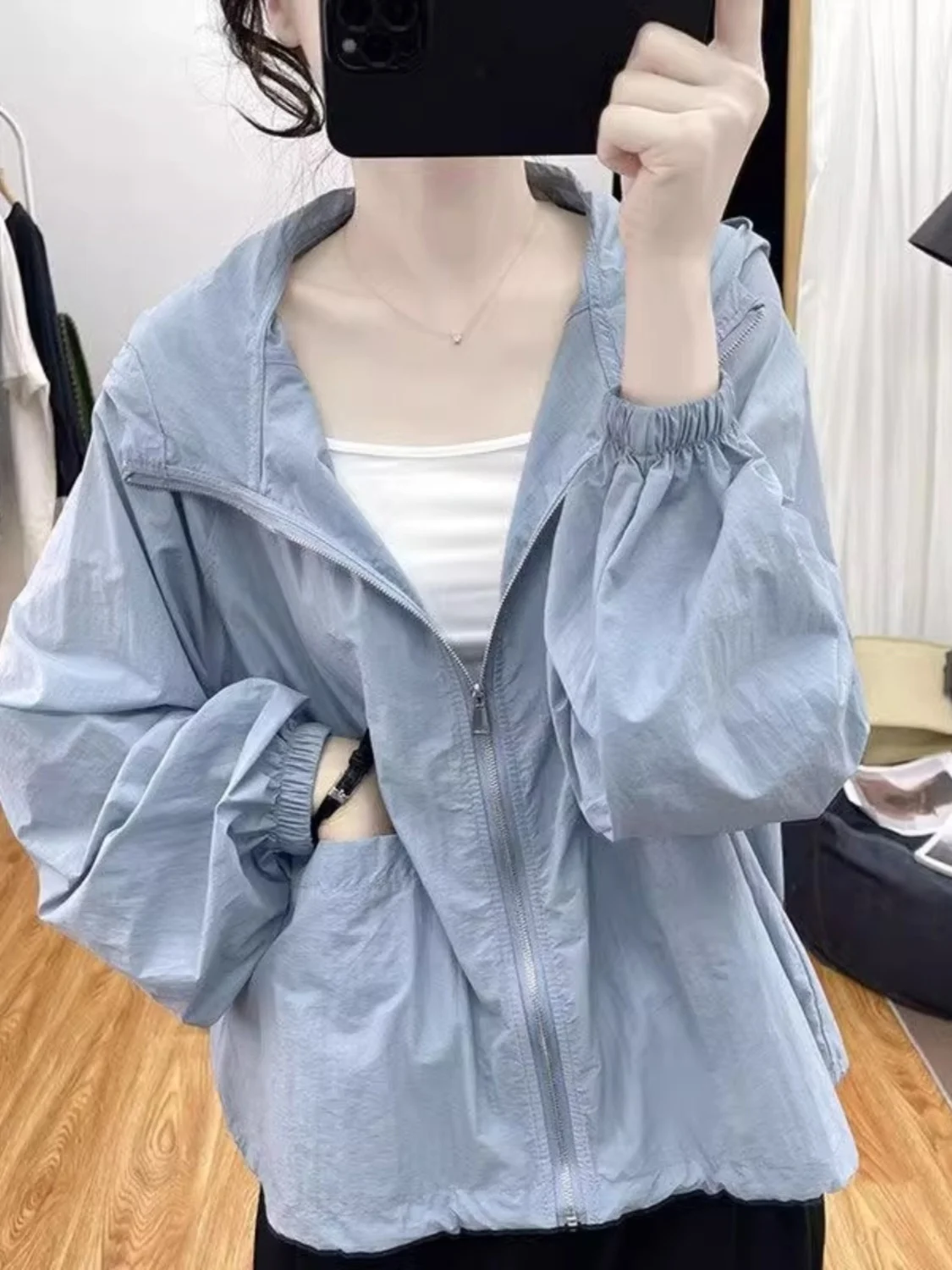 

Plus Size Women's Summer Thin Hooded Open Cardigan Sun Protection Casual Outerwear Long Sve Regular Length ape Pear ape