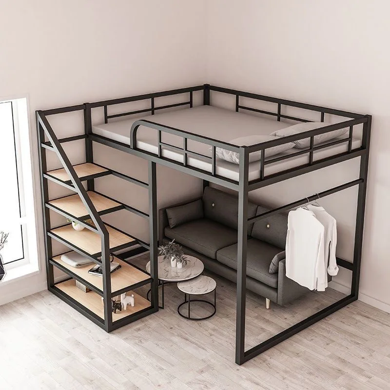 Small apartment duplex upper bunk iron bed second-floor loft double-layer multi-functional wrought iron bed