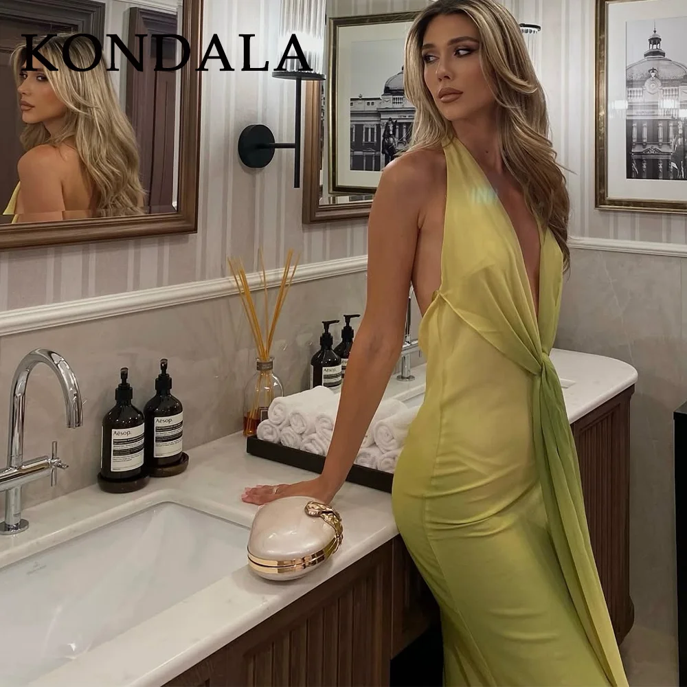 KONDALA 2025 Spring Summer Sexy Women Dresses Fashion Night Club Lace Up Print Halter Sleeveless Zipper Ladies Long Dresses