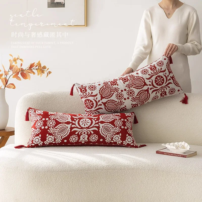 50/70cm Long pillow case red beige flower pattern knittedwaist back cushion cover fringes sofa decorative pillow cover