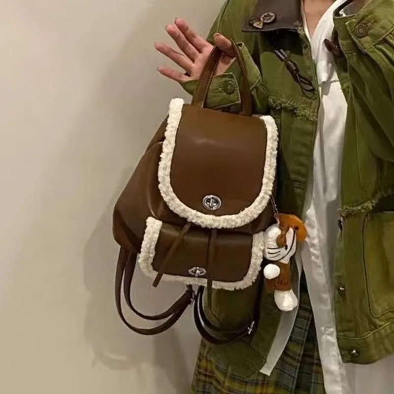 Retro Plush Soft Leather Backpack Plaid Preppy Style Large Capacity Daypack Ladies Commuter Woolen Patchwork Mochilas Mujer 2025 view 6