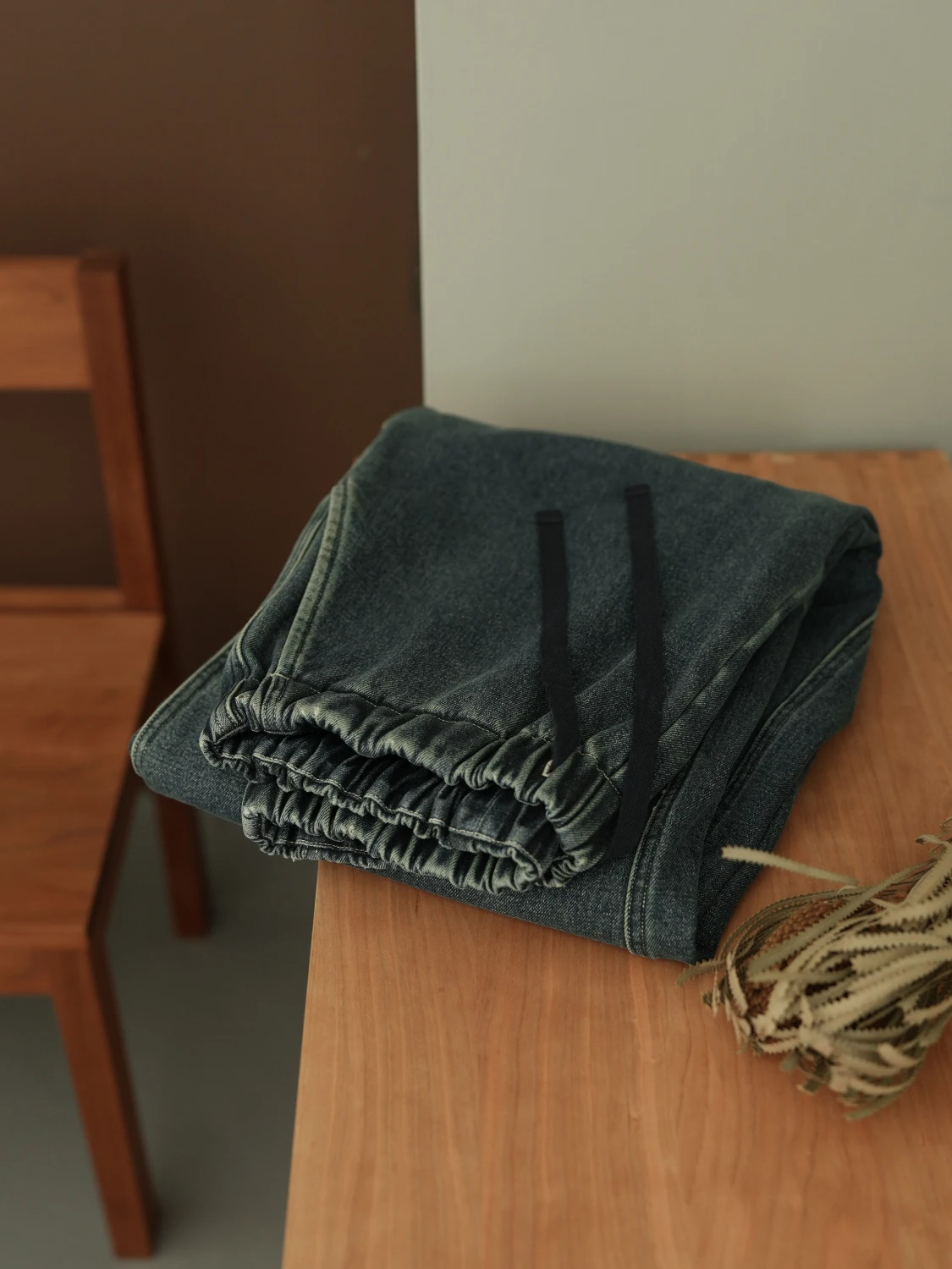 

Джинсы свободного кроя в деревенском стиле, синие, на флисовой подкладке, с завязками на талии, осенне-зимние, женские, повседневные