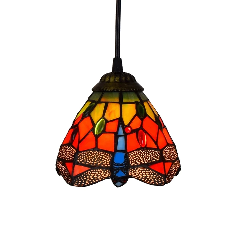 

6 "creative Red National Style Dragonfly Restaurant Small Bar Bedroom Bedside Pendent Lamp Tiffany Color Glass Corridor Light