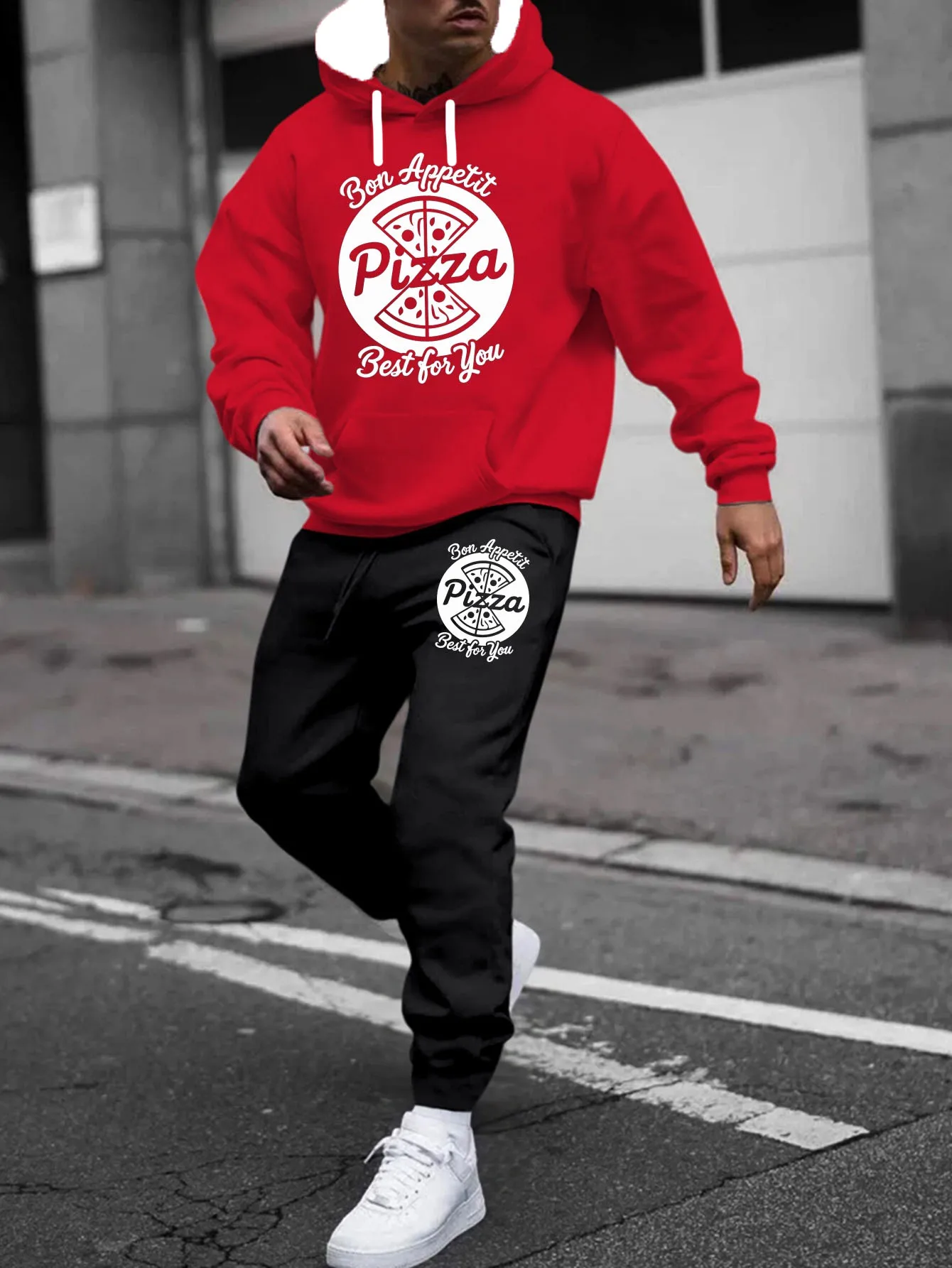 

Autumn and Winter Men's Hoodie Set with Pizza Print Hoodie Set Quick Drying and Comfortable Hoodies Pants Two Piece Set