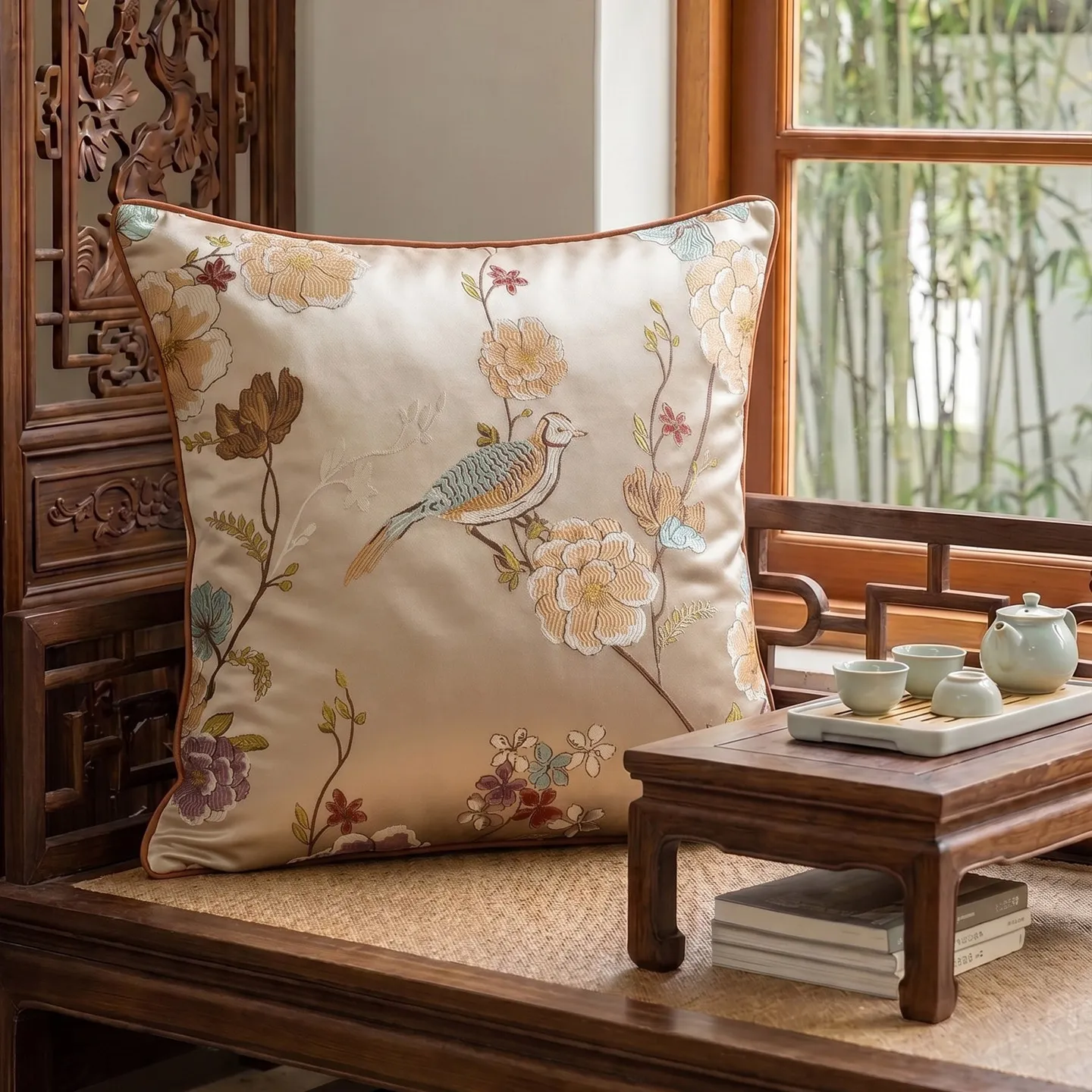 Chinese Style Bird Flower Embroidery Cushion Cover Luxury Satin Jacquard Throw Pillow Case for Mahogany Sofa Living Room Home