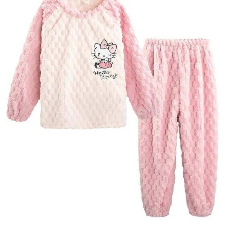 New Sanrios Winter Girl Flannel Pajamas Velvet Thicken Hello Kittys Coral Fleece Cartoon Lounge Clothes Suit Can Be Worn Outside