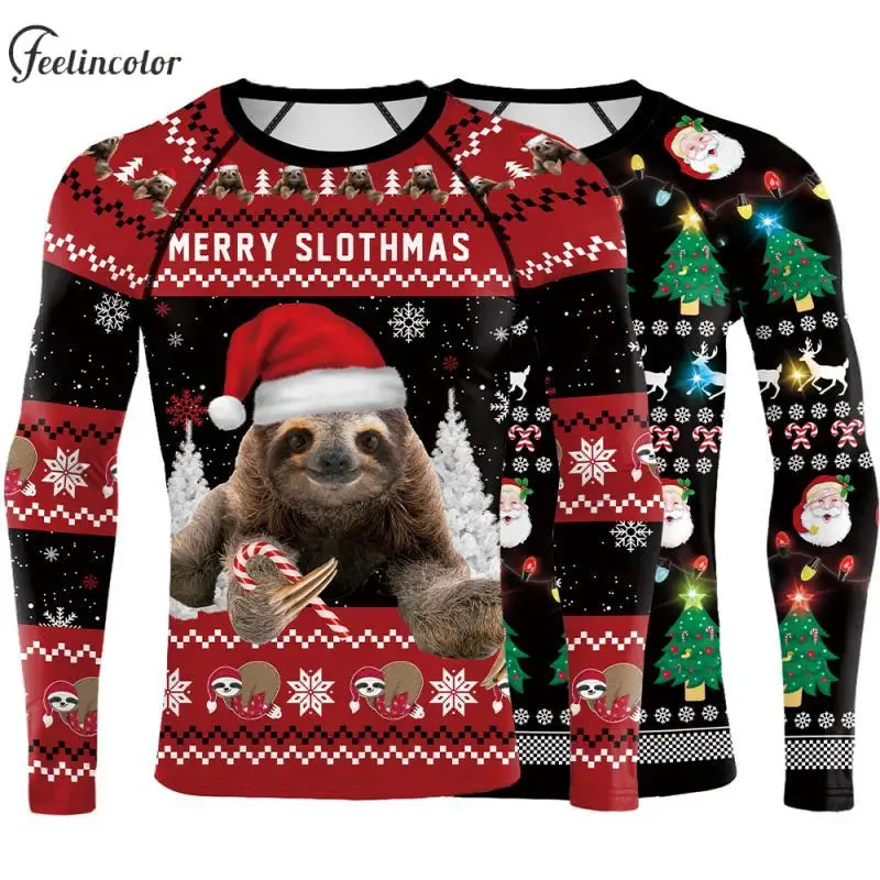 

Christmas Sloth Men 3D Print Compression Shirt Santa Claus Graphic Tee Shirt Xmas Tree T-Shirt Quick Dry Sportwear New Year Gift