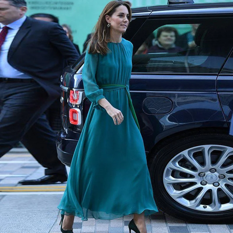 Imagem -02 - Princesa Kate Middleton 6xl Vestido Longo Primavera Local de Trabalho Escritório Cor Pura com Cinto Vestido Elegante de Alta Qualidade Longo Vestido Verde