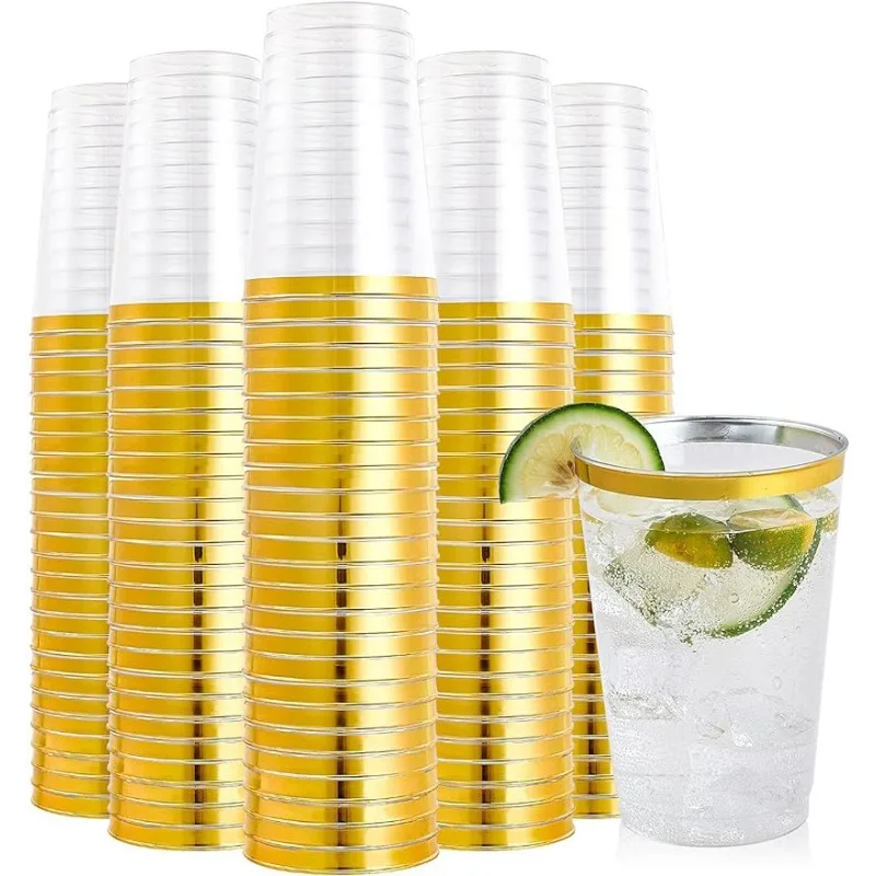 

200 Pack 12 oz Gold Rimmed Cups, Clear Plastic Tumblers, Heavy-duty & Fancy Disposable Hard Plastic Cups 12 Ounce