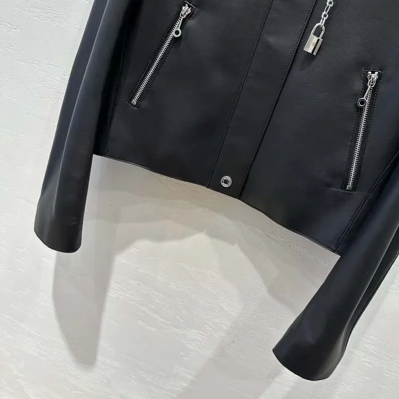 Veste courte en cuir véritable pour femme, manteau à col rond UR, décoration en métal, nouvelle mode, printemps et automne 2024