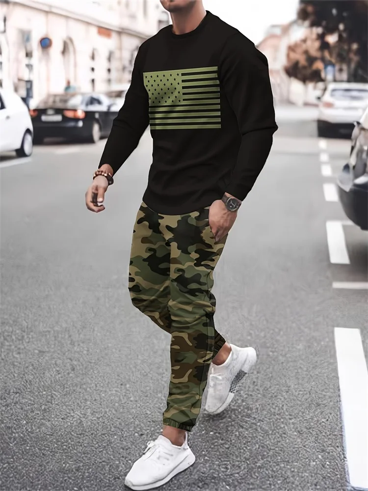 Artificial Leaf Camouflage Printed Men's Sets Spring/Autumn Daily Casual Men's Long-sleeved T-shirt Outdoor Street Men's Pants