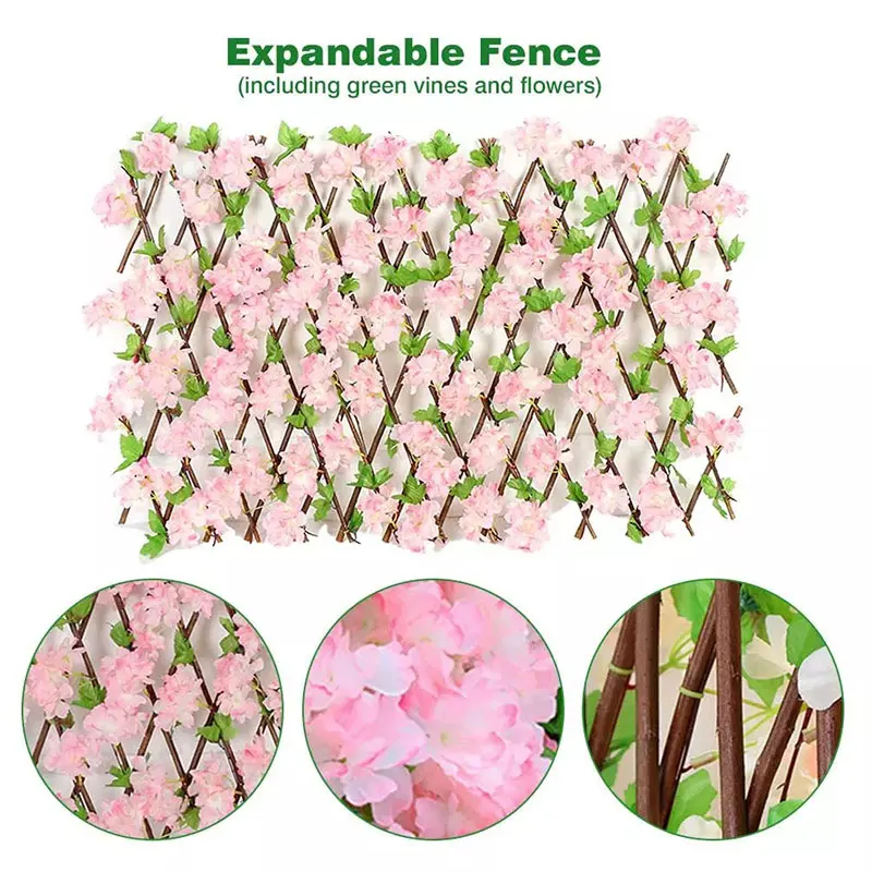 

Privacy Fence with Artificial Leaf Flower Adjustable Expanding Retractable Wooden Fences Landscaping Balcony Garden Trellis Deco