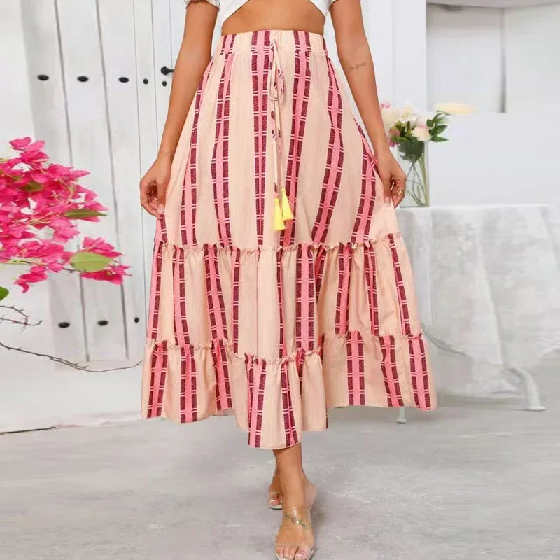 

Новая длинная юбка в отпускном стиле, женская юбка в Европе и Америке, летняя юбка трапециевидной формы с кисточками и эластичной резинкой на талии, женская Faldas Q225