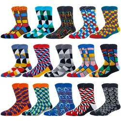 Men's Funny Happy Socks High Quality Harajuku Combed Cotton Diamond Pattern Geometric Large size Long barrel Casual Sock