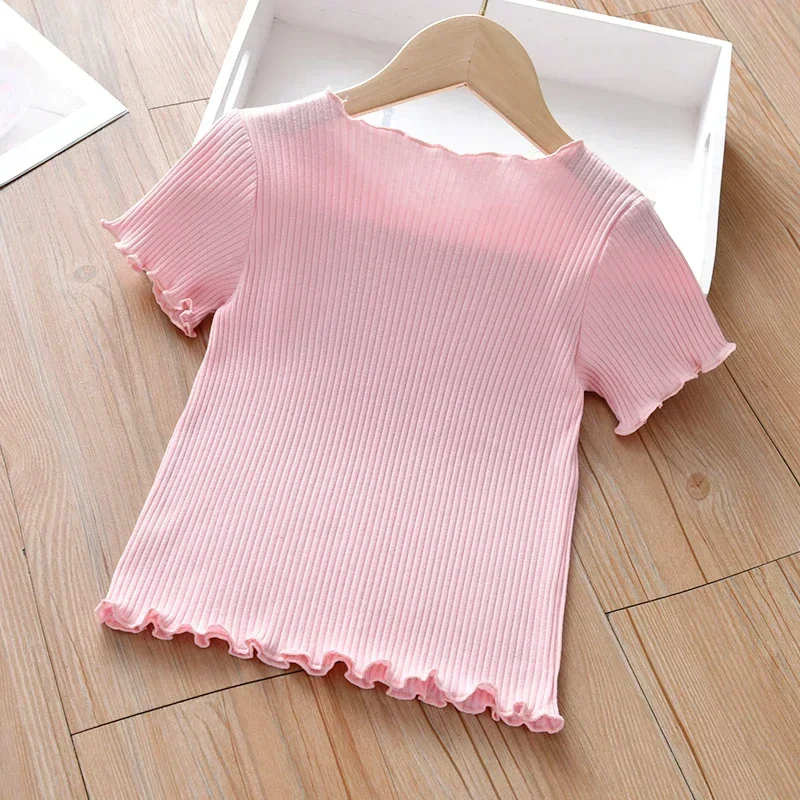 Girls Embroidered Short Sleeve T-Shirt Ice Silk Summer Top with Ruffle Trim Stretchy Soft for Toddler Baby 1-6 Years image 4