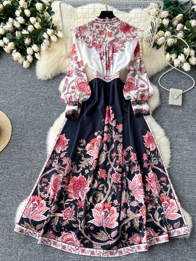 2024 Vestidos De Mujer Autumn Floral Dresses for Women V-neck Lantern Sleeve Robe Femme Vintage Slim Waist Temperament Dress Wj