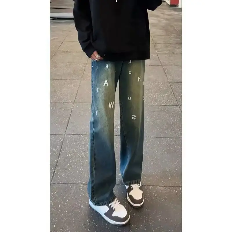 

Мужские джинсы в стиле ретро, ​​свободные повседневные брюки прямого кроя, универсальные студенческие длинные брюки в американском стиле, осенняя новинка