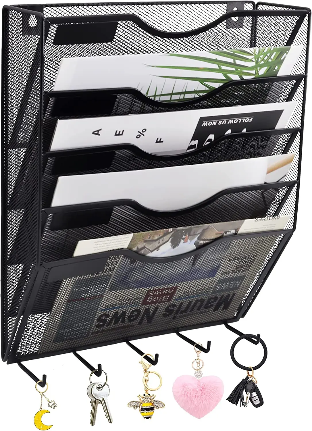 3/5 Pockets Mesh Wall File Holder Organizer Office Hanging Magazine Rack with Key Holder Hooks