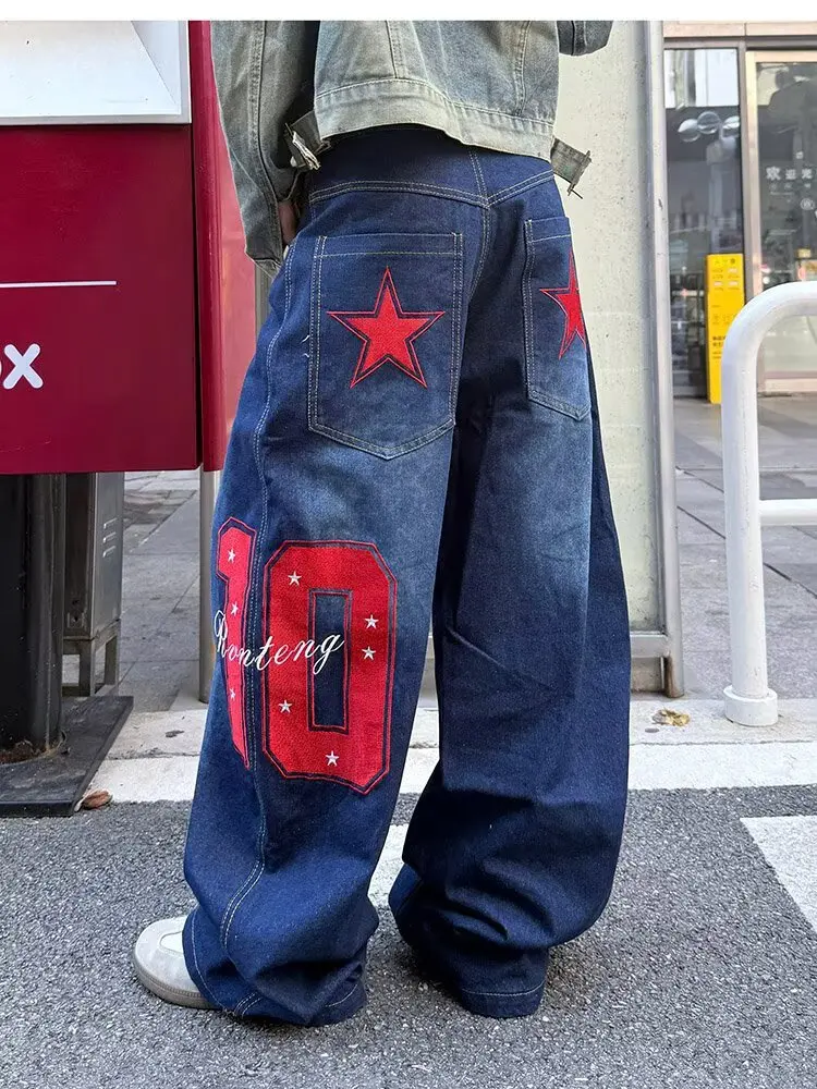 Y2K Street Bright Star Asymmetric Pattern Casual Loose Jeans Button Decoration Youth Style Logo Wide Leg Pant Men And Women