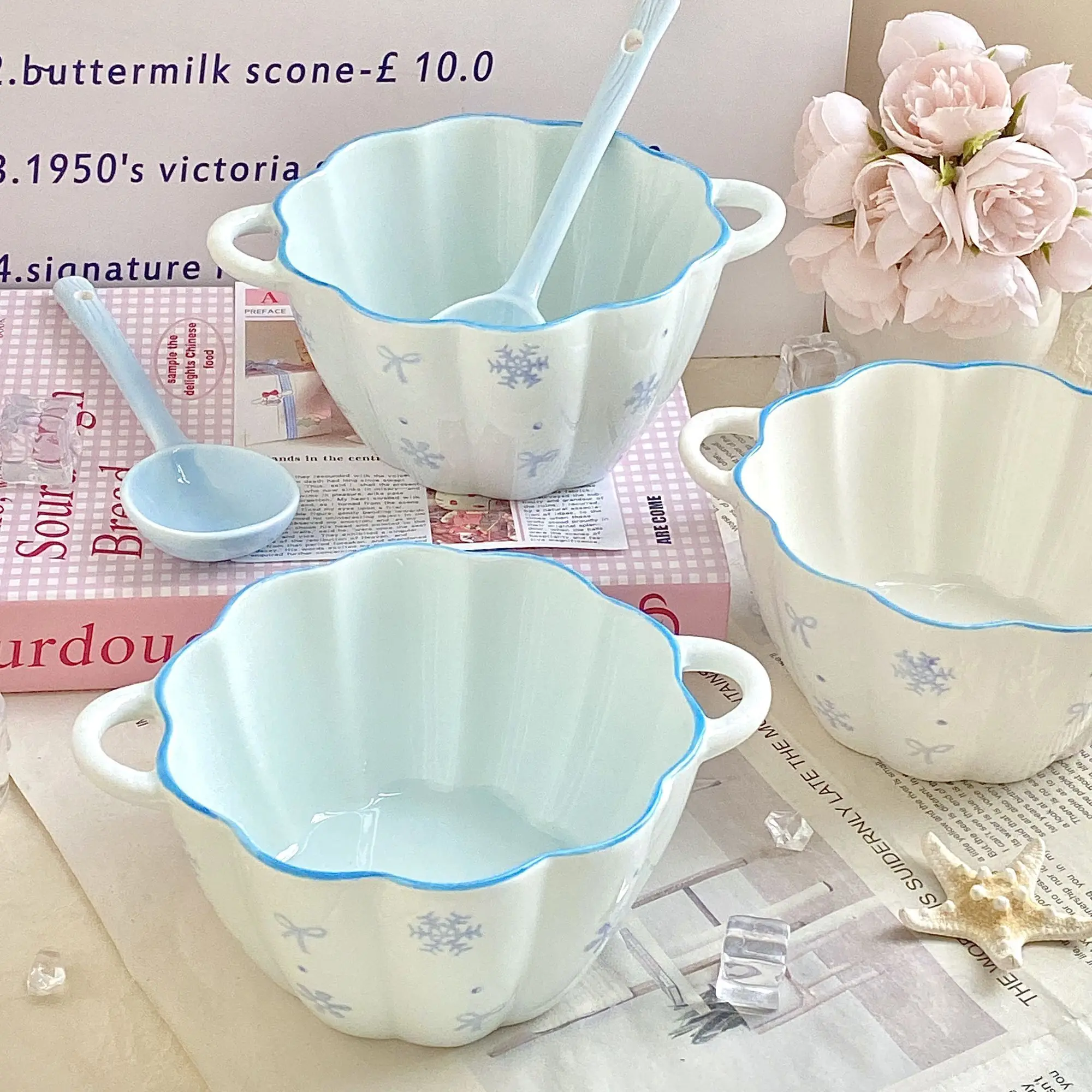 Snowflake Pumpkin Bowl, Dessert Bowl,ceramic Bowl,high Temperature Resistant, Microwave Ready with Spoon,dormitory Home Use