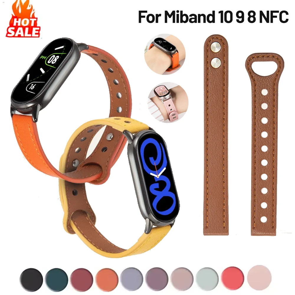 Genuine Leather Strap for Xiaomi Mi Band 10 9 8 NFC Watchbands Accessories Double Nail Brecelet Correa Xiaomi Smart Band 8 9 10