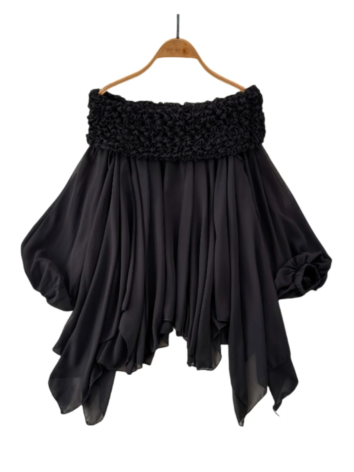 Fairy Tale Heavy Embellished Bubble Sleeve Asymmetrical Hemline Fairy Top Sweet Shoulder Bared Chiffon Korean Style Long Sleeve