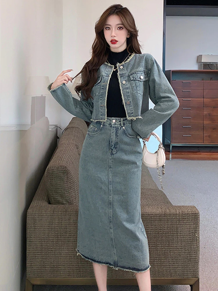 Fashion Elegant Denim 2 Pieces Outfits Women Casual Long Sleeve Tops Coat Jacket Tops Midi Skirt Sets Mujer High Street Clothes