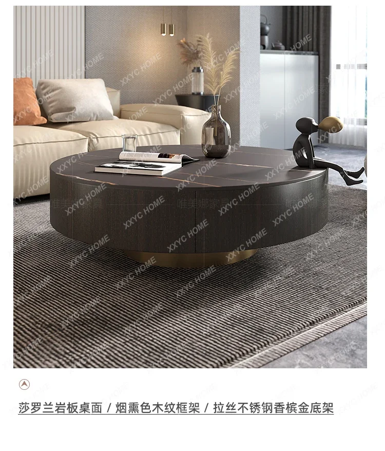 HMJSimple small apartment marble upgraded rock slab coffee table modern living room   light luxury round