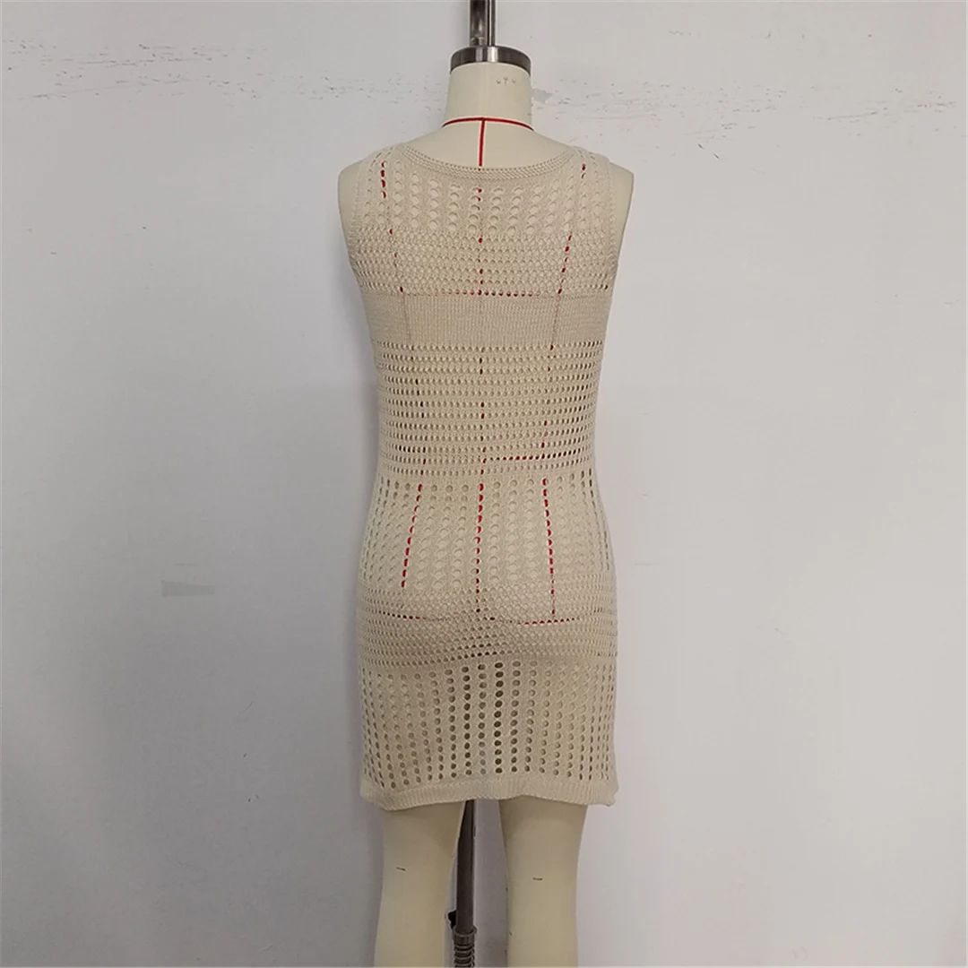 3-farbiges, ärmelloses, ausgeschnittenes, gehäkeltes, gestricktes Tunika-Strandkleid, Strandkleidung, Strandmode, Strand-Cover-up, Damen, V6489 – Detail 12