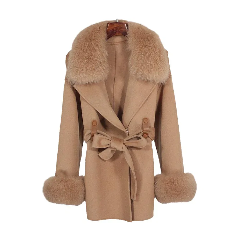 2025 autumn and winter new fox fur collar high-end double-sided cashmere coat, women's medium and long wool woolen coat