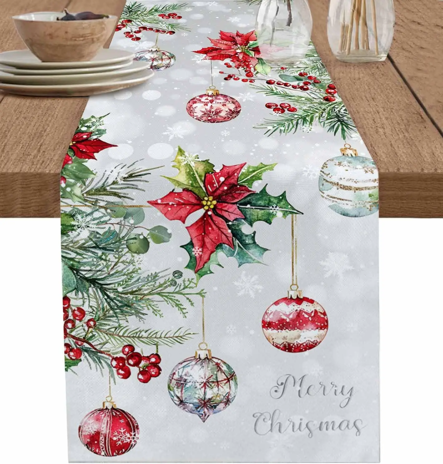 Christmas Ball Poinsettia Fir Leaf Snowflakes Linen Table Runner Dresser Scarf Red Berry Gray Table Runners  Home Kitchen Decor