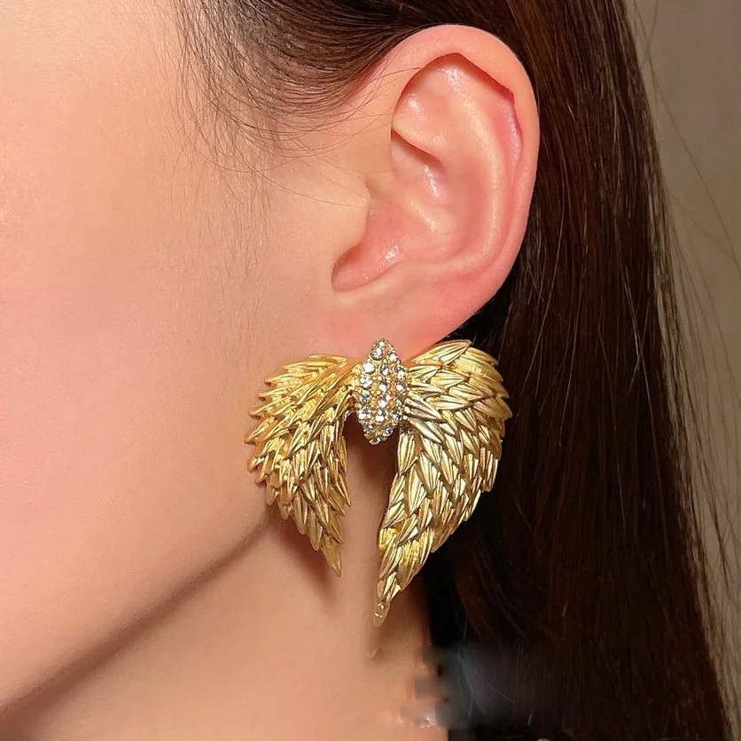 Women Wing Feather Gemstone Earrings Vintage 18K Gold Plated Embossed Brooch Ring