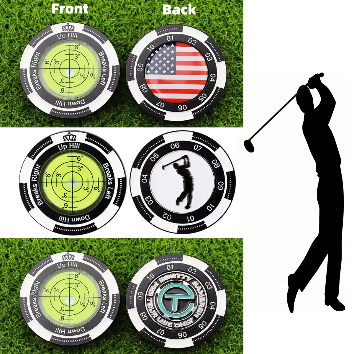 

Dual-Sided Golf Green Slope Level Reader & Detachable Ball Marker - High-Precision Round Metal Putting Aid with Alignment Guide