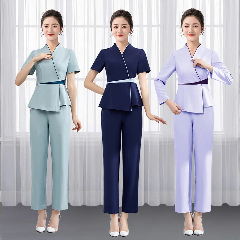 

1 Set High-end Female Beauty Salon Beautician Work Clothes Club Hotel SPA Workwear Therapist Massage Work Uniform Tops Pants Set