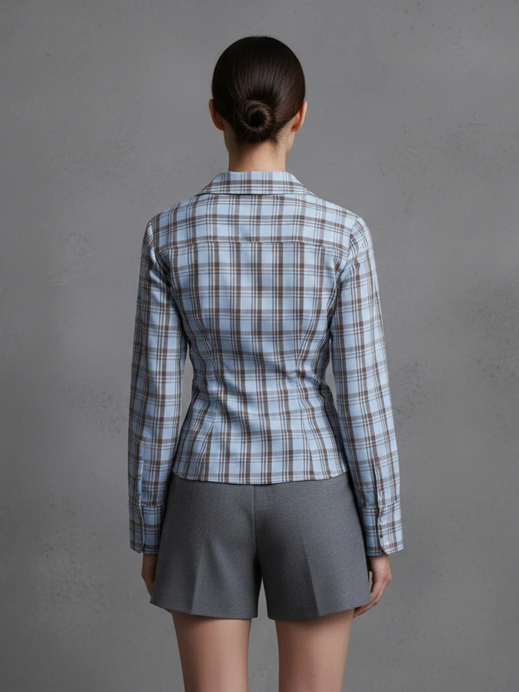 

Color Blocking Plaid Waist Cinching Shirt Women Casual Full Sleeve Lapel V-neck Warp Blouse 2026 New Spring Autumn Chic Wears