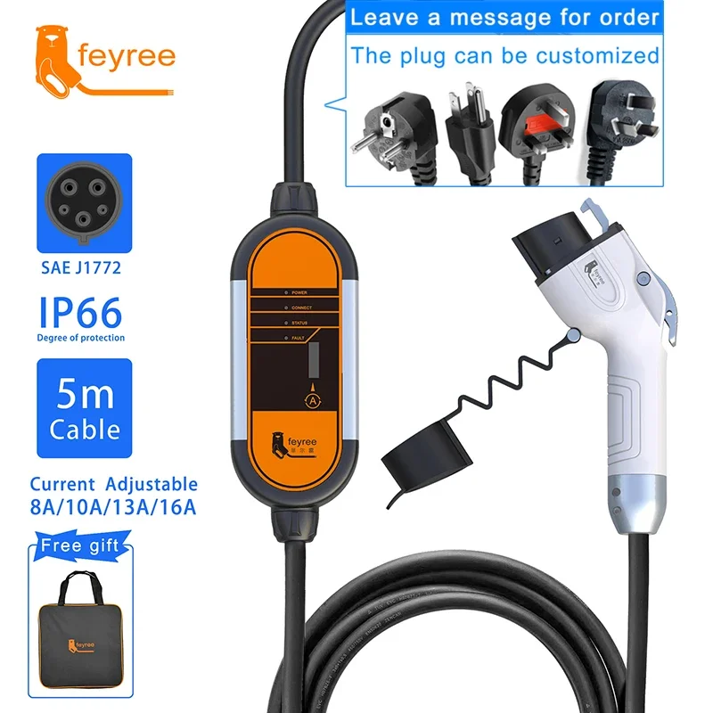 feyree Type2 EV Portable Charger 16A 3.5KW Type1 j1772 Adapter Charging Cable 5m with Schuko Plug EVSE Wallbox for Electric Car