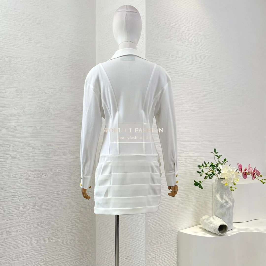 

Cotton White Long Sleeve Retract Waist Lapel Mini Dress 2025