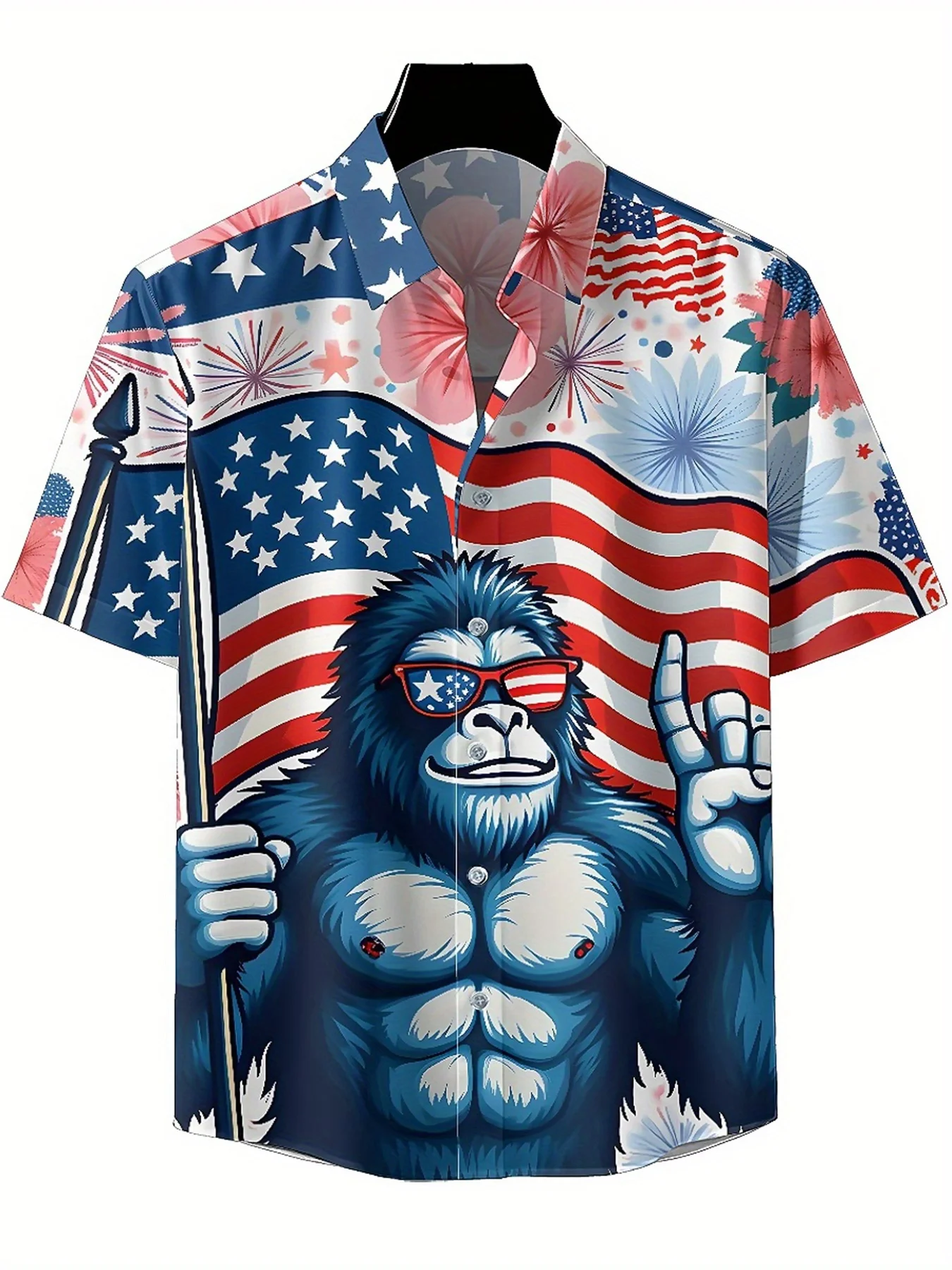 Men's Plus Size Hawaiian Shirts Sasquatch US Independence Day Theme pattern, Button Shirts, Unisex Casual Clothing, Summer Tops