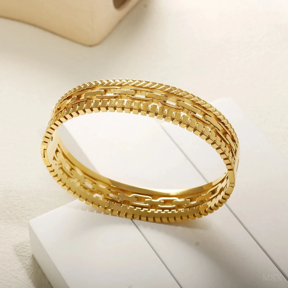 Chunky Layered Stainless Steel Bangles Bracelet for Women Gold Plated geometric figure Wide Cuff Bracelet Waterproof Jewelry