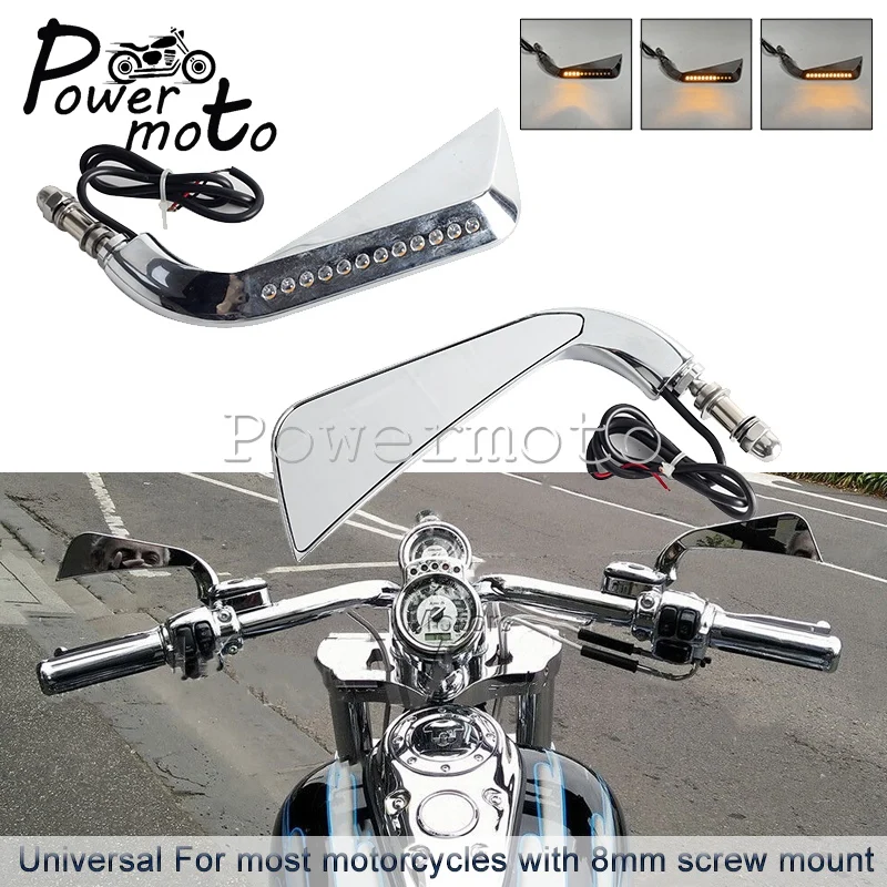 Motorcycle LED Lights 8mm Sickle Rearview Side Mirrors For Harley Street Glide Cross Bones Touring Dyna V-Rod Road King Softail