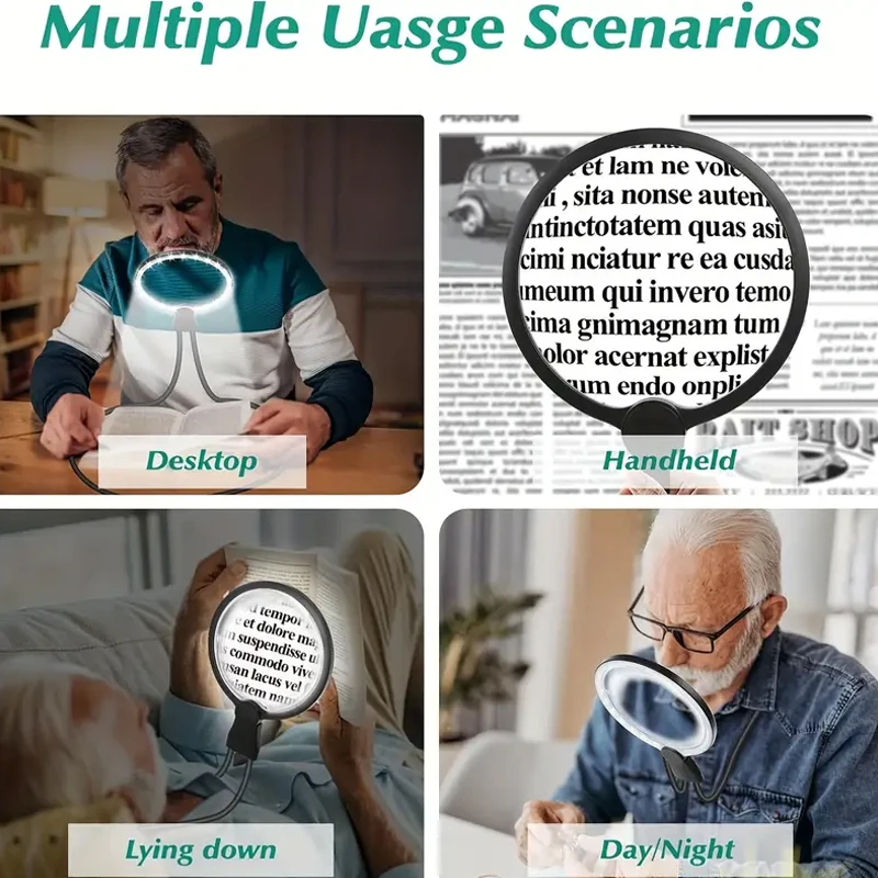 グースネック式フレキシブル拡大鏡、明るさ調整可能、高齢者向け、充電式、軽量