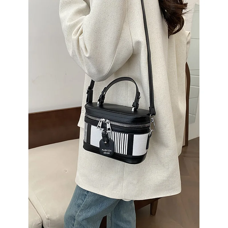 Korean Color Contrast Striped Canvas Splice Handbag Women High-end Fashion Mini Square Bag Casual Single Shoulder Crossbody Bag