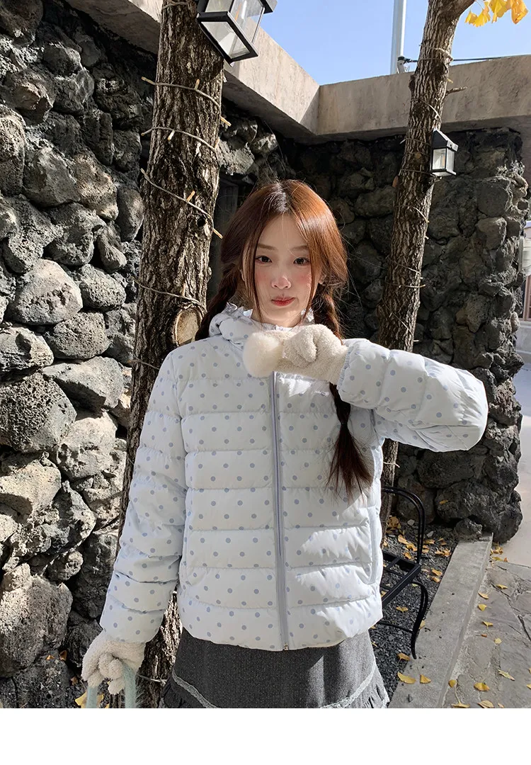 Korean Cropped Polka Dot Hooded Cotton-padded Jacket Women Zip Up Casual Winter Warm Outerwear Woman Sweet Cute Puffer Jackets