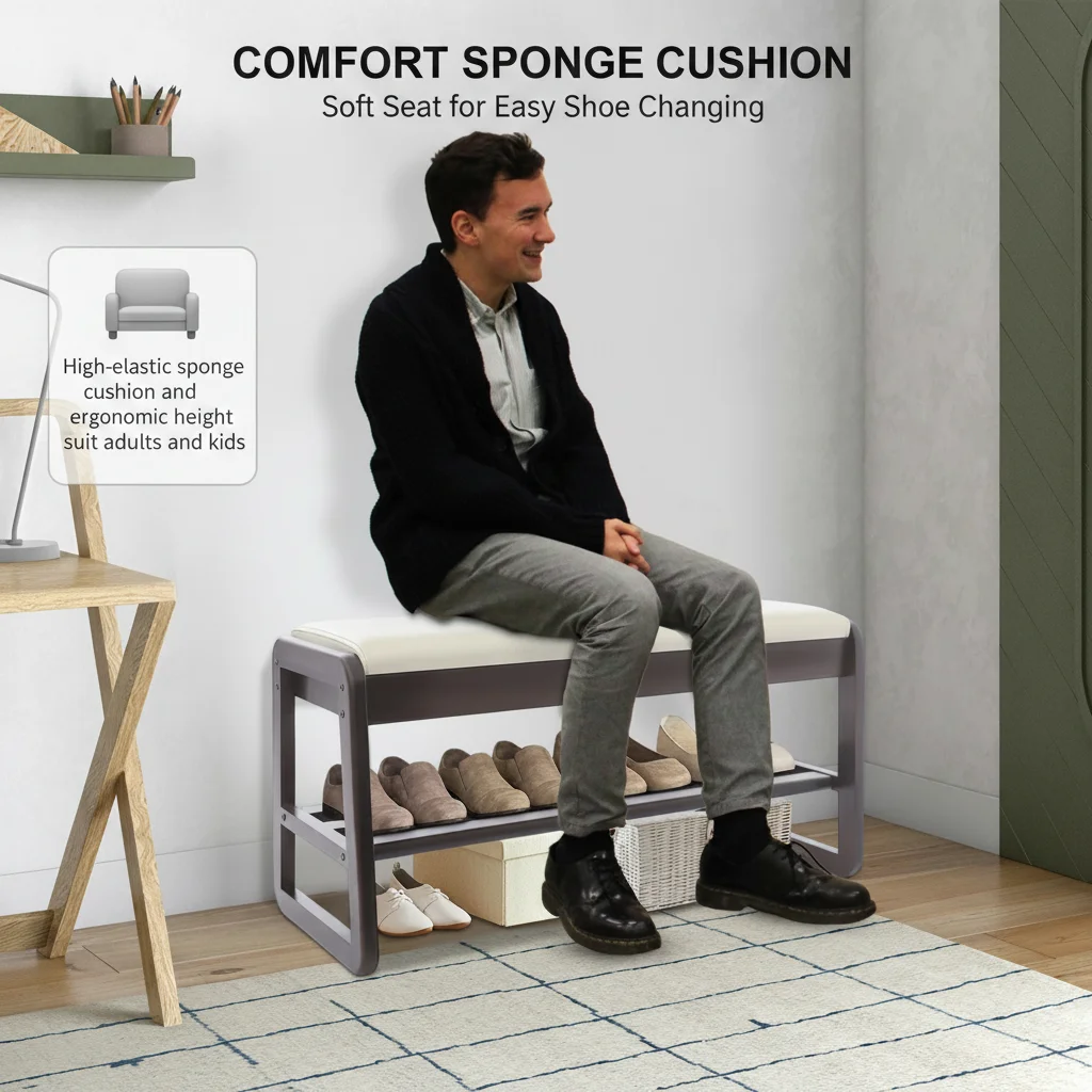 Modern Rubber Wood Shoe Storage Bench with Hidden Compartment, High-Elastic Sponge Cushion, A-Shaped Stable Legs Ventilated Shoe Rack for Entryway Bedroom Home Decor