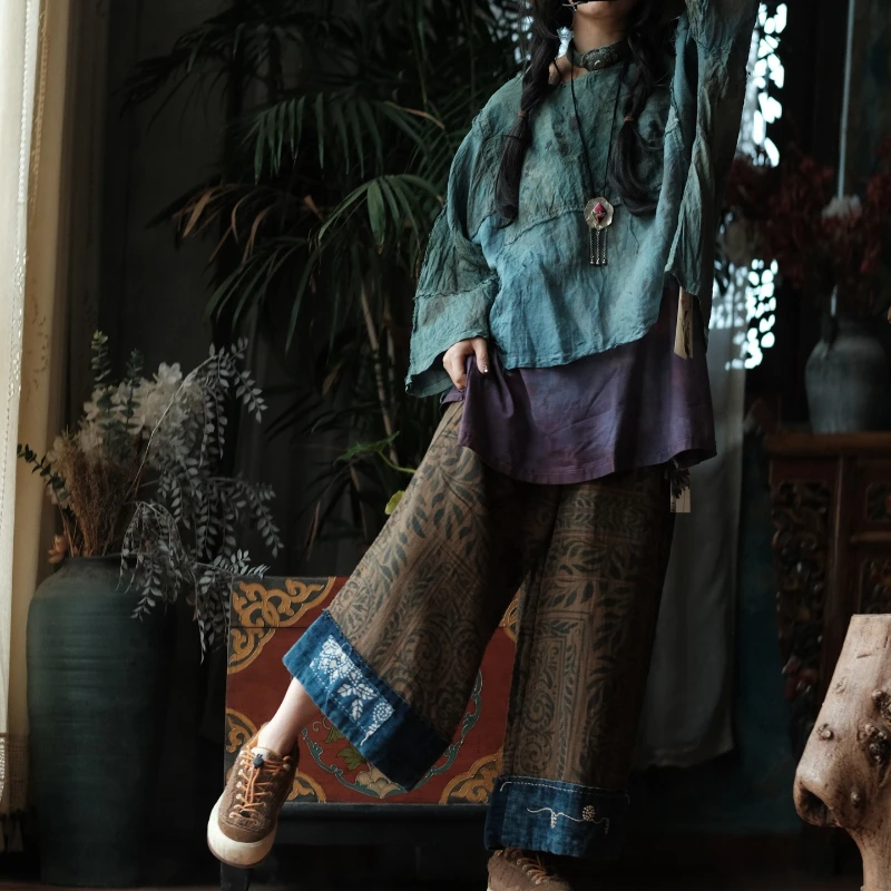 

Women Vintage Patchwork Wide Leg Pants Original Printed Cotton Linen 2026 Spring New Ankle Length Pants Loose Boho Trousers