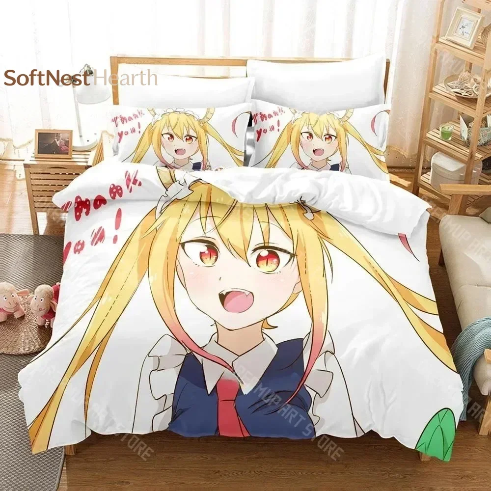 2026 3D Kawaii Girl Miss Kobayashi's Dragon Maid Bedding Set Anime Three-piece Set Adult Kid Bedroom Duvet Cover Sets Home Texti