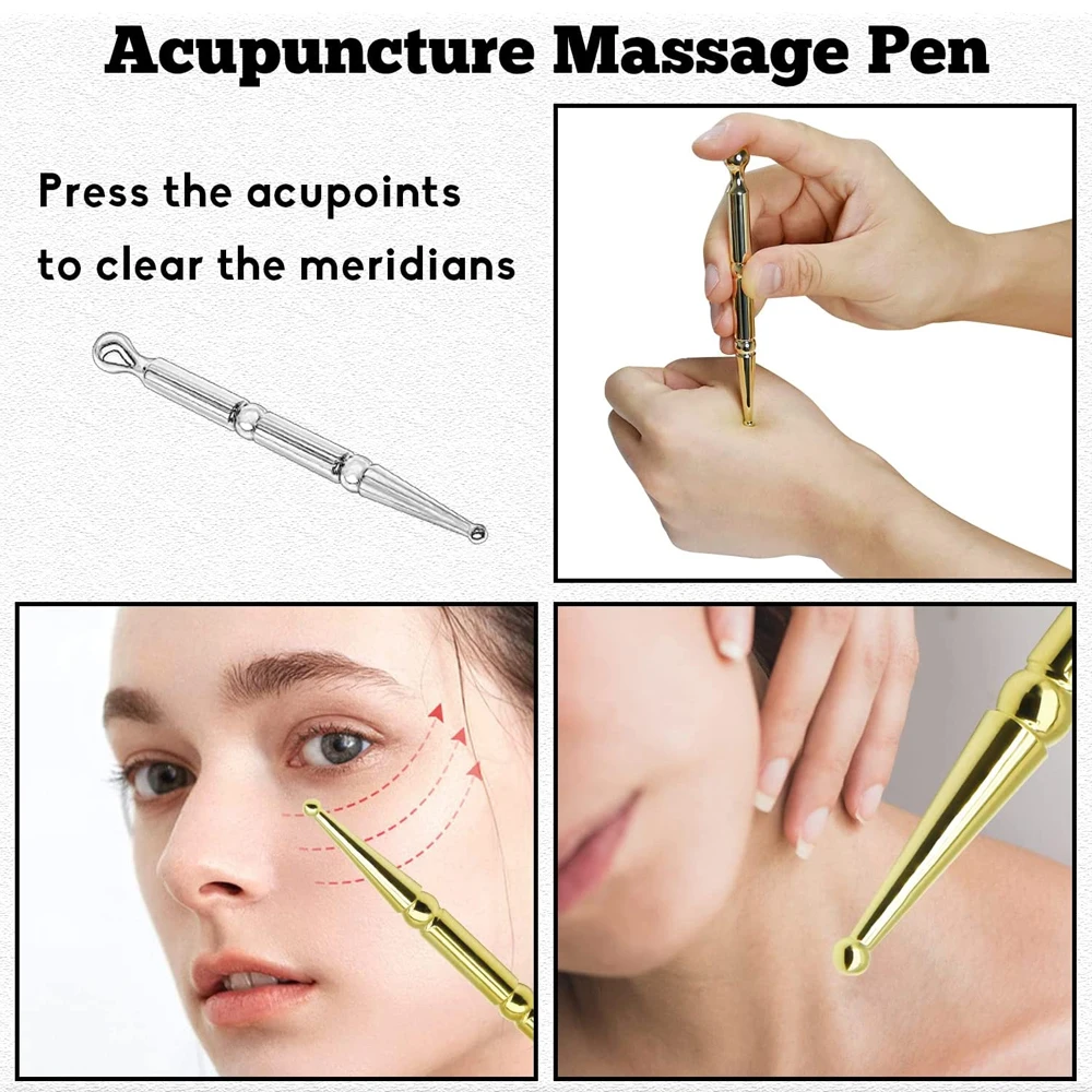 3PCS Facial Reflexology Massage Tool Stainless Steel Acupuncture Pen Double Headed Ear and Body Point Probe Pen Health Care Tool