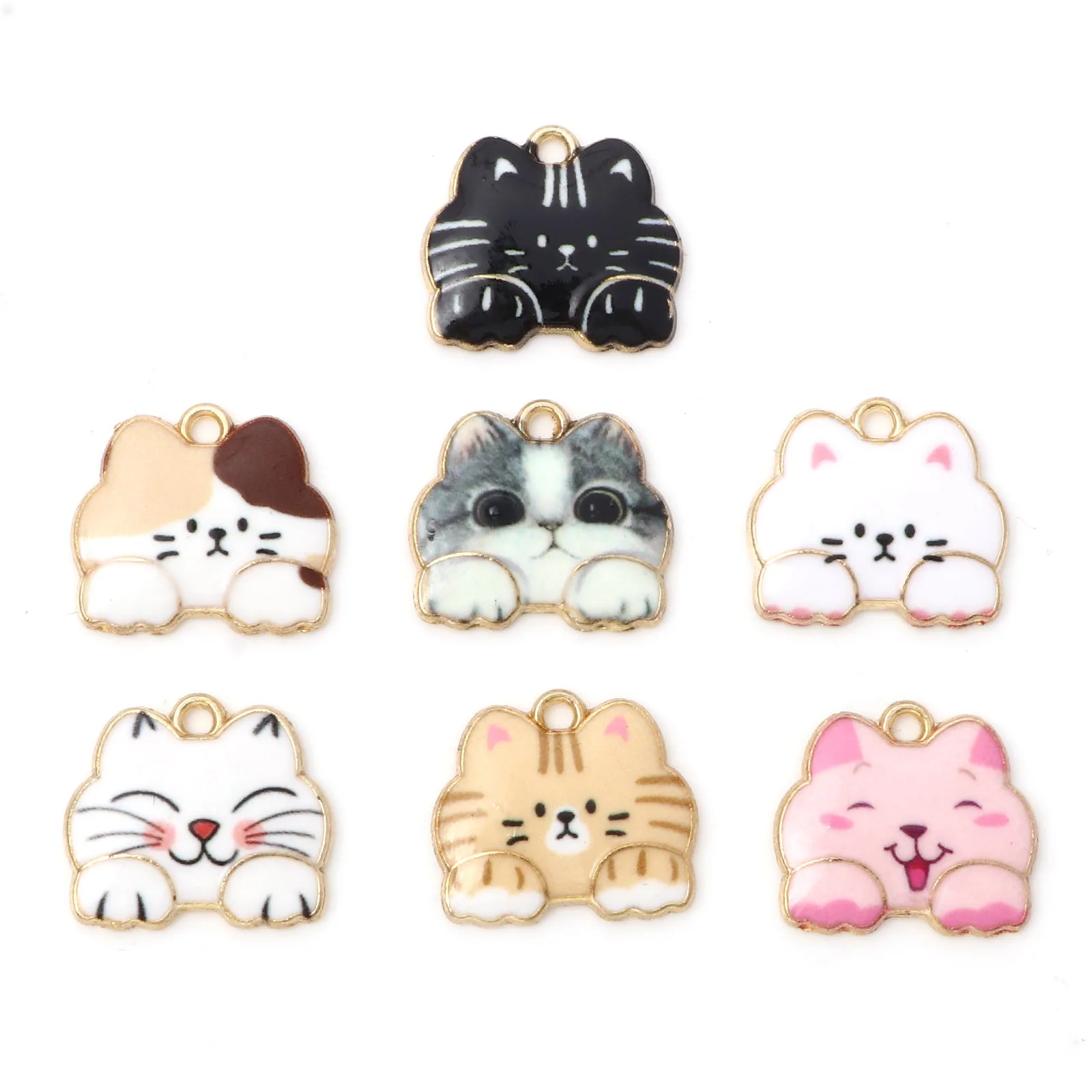 Cute Cartoon Charms Multicolor Cat Animal Enamel Gold Color Metal Pendants DIY Making Bracelets Necklace Jewelry 18mmx16mm,10PCs