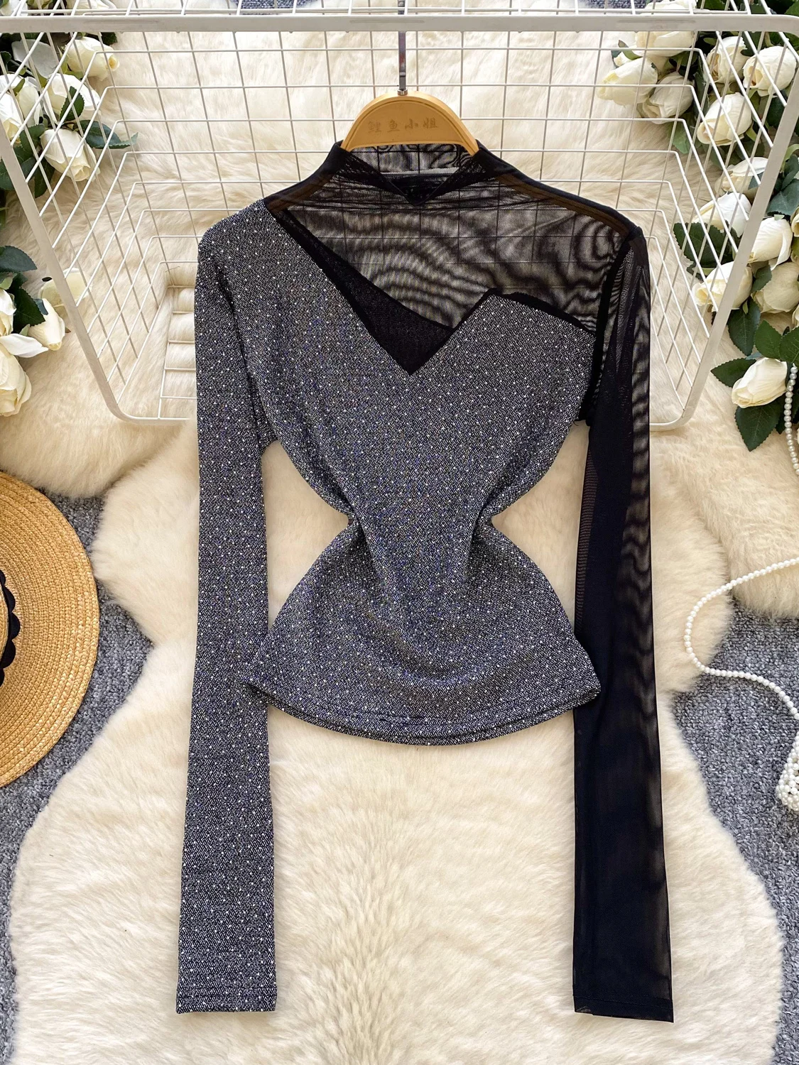 

Women Spring/autumn Blouse Light Luxury Lady Mesh Long-sleeved Patchwork Rhinestone T-shirt Slim-fitting High-end Top BL296