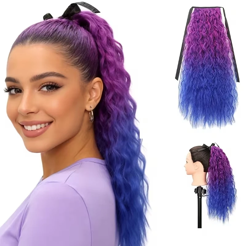 22Inch Synthetic Long Kinky Curly Ponytail Hair Extension Drawstring Colorful Cosplay Clip Fluffy Hairpiece for Women Daily